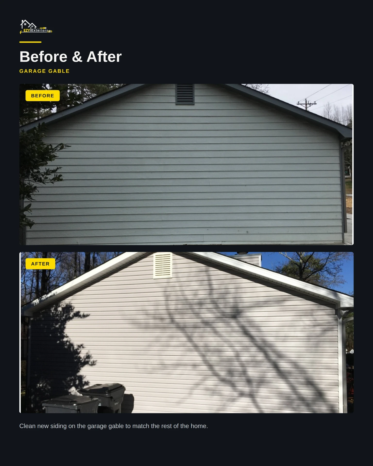Garage gable before and after new horizontal vinyl siding with contrasting trim in Lawrenceville GA