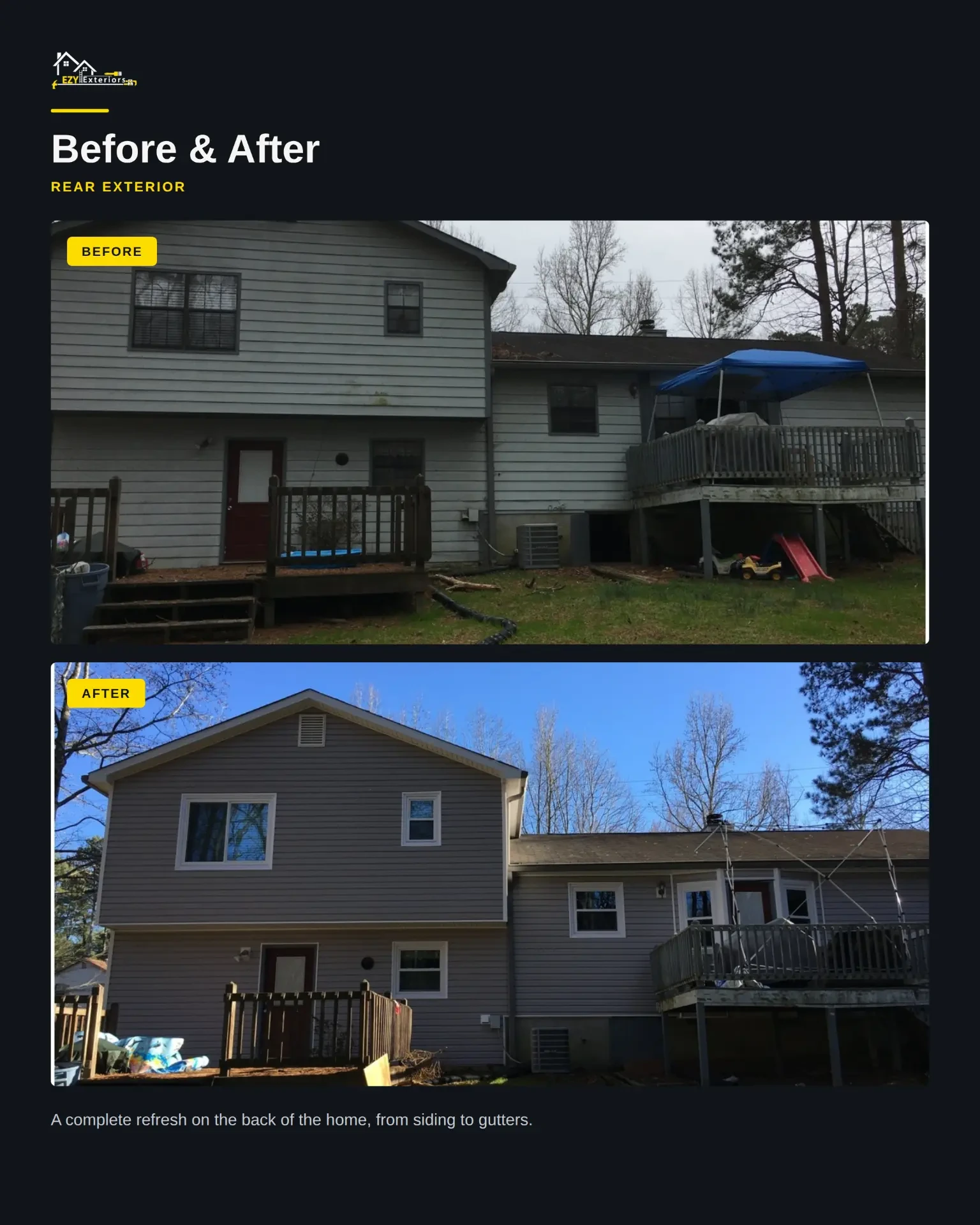 Rear exterior before and after vinyl siding installation and gutter updates on the same Lawrenceville home