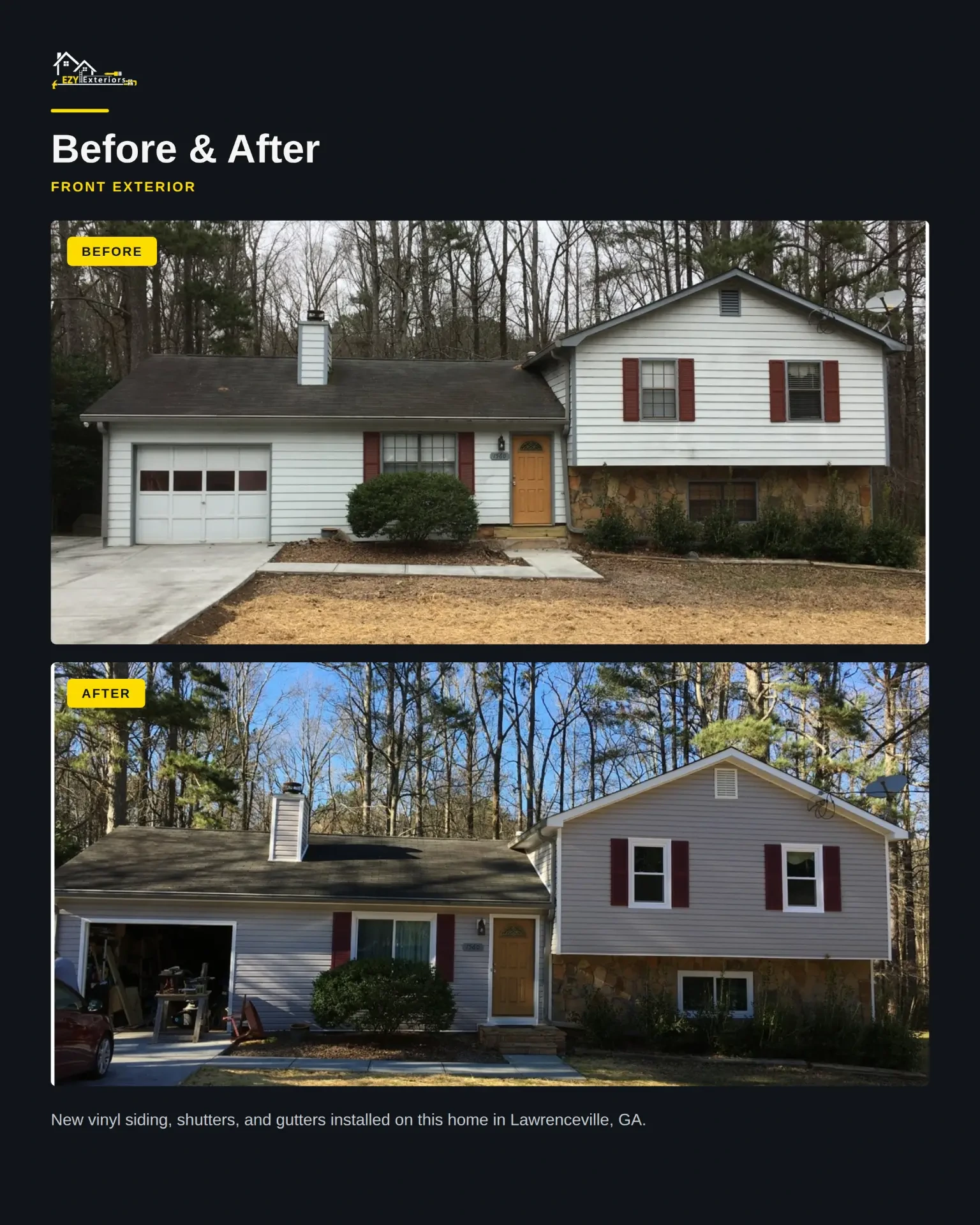 Front exterior before and after vinyl siding, shutters and gutters on a Lawrenceville GA split-level home