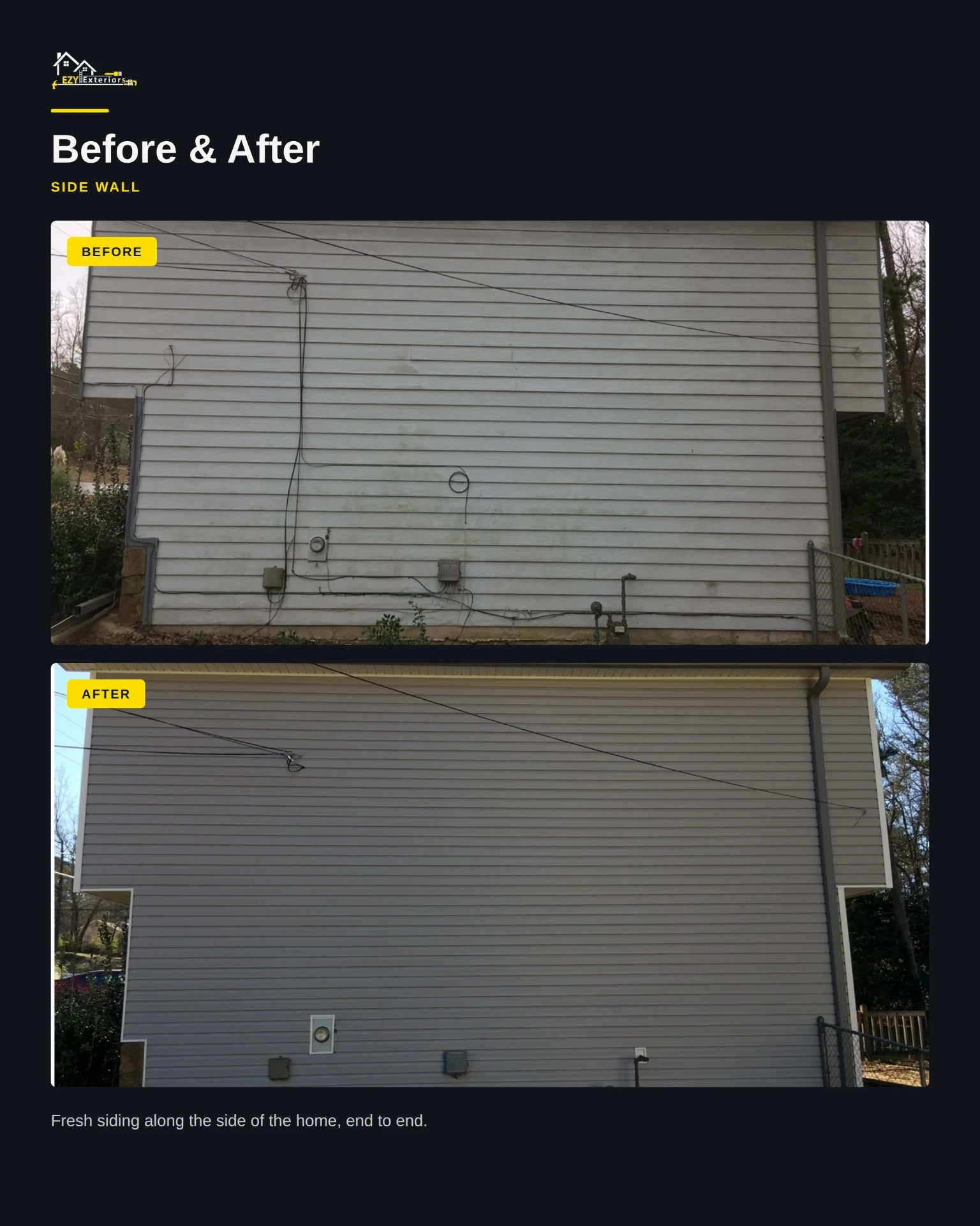 Utility-side wall before and after vinyl siding replacement on a Lawrenceville GA home