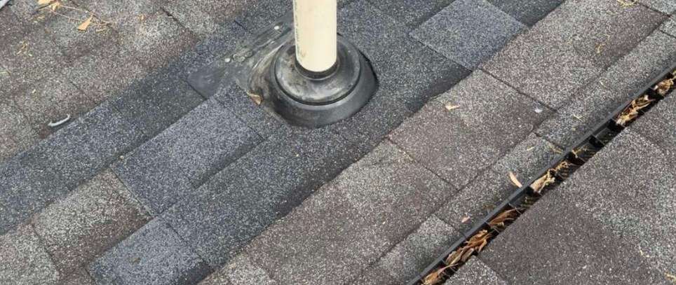 Updated vent pipe boot and flashing surrounded by asphalt roof shingles