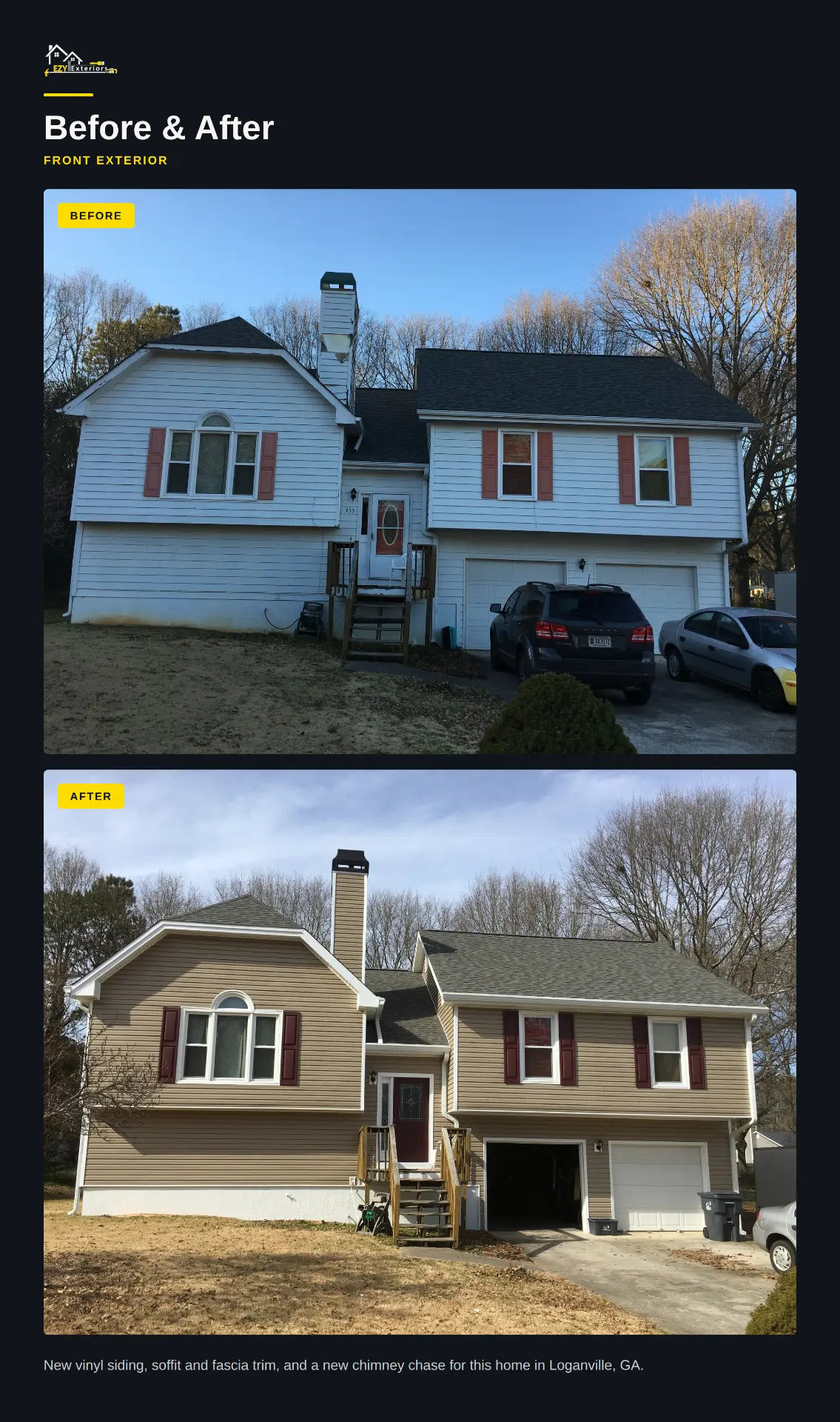 Front exterior before and after vinyl siding replacement and trim work on a Loganville GA split-level home