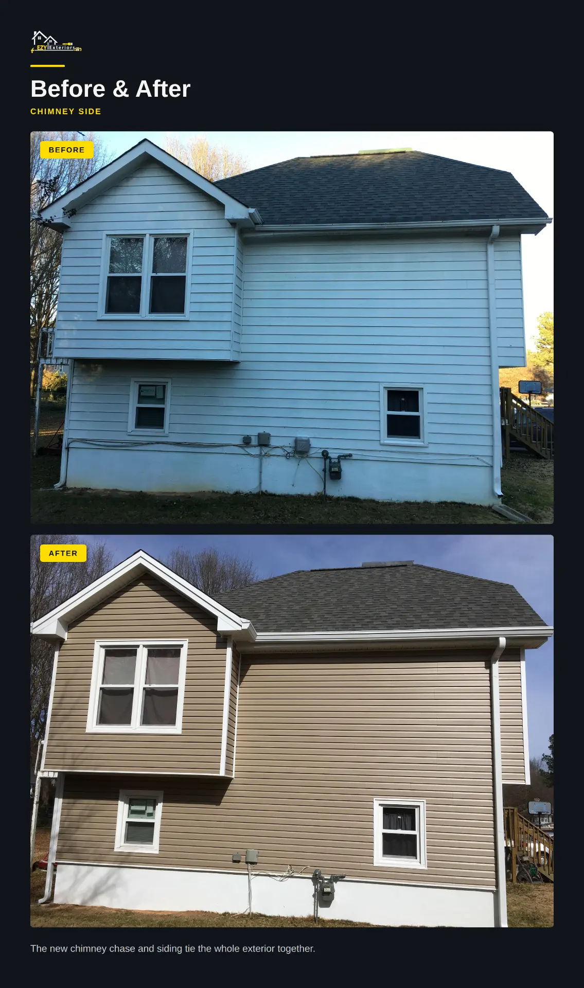Chimney-side elevation before and after siding and trim updates on the Loganville GA home