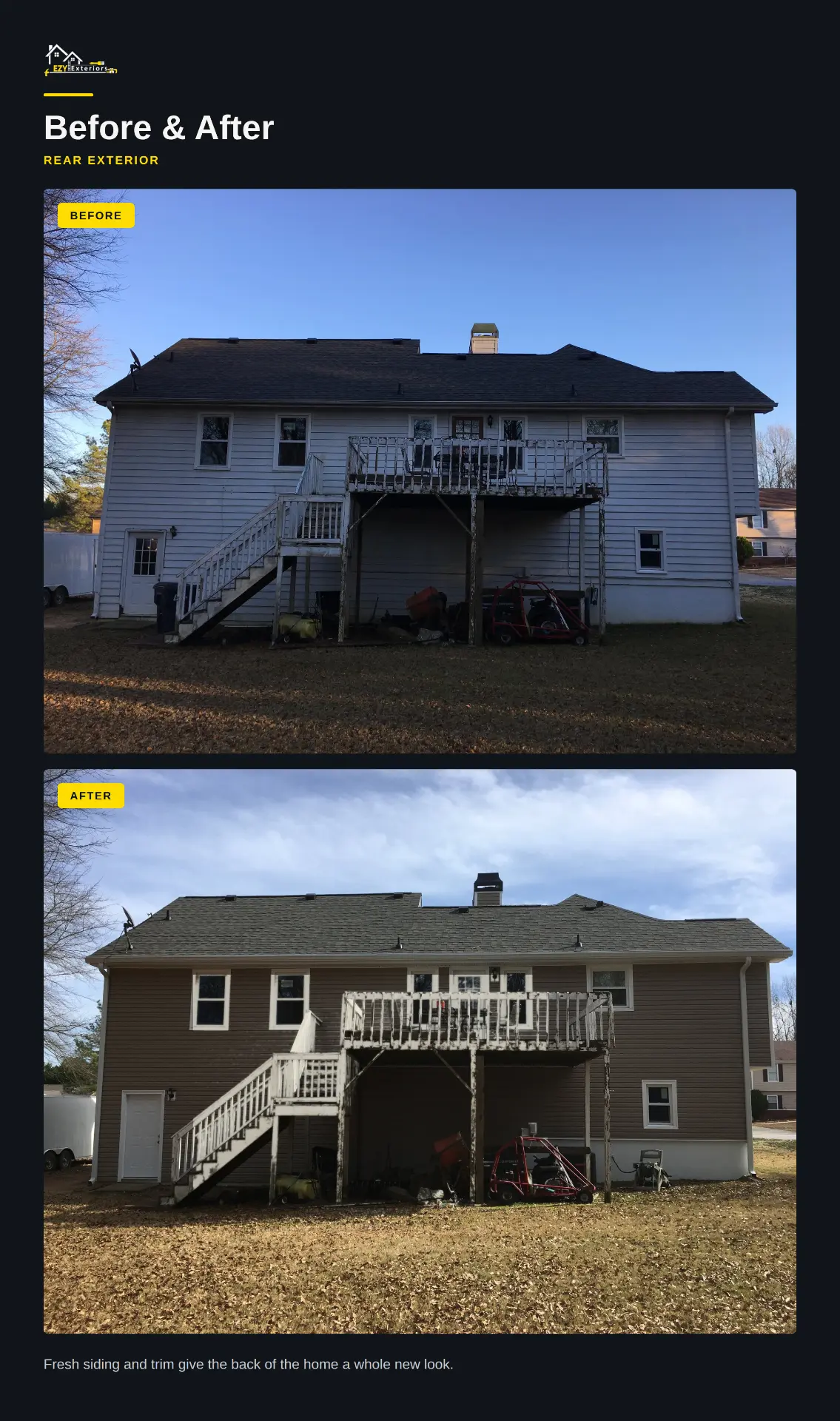 Rear exterior before and after new vinyl siding and window trim on the same Loganville GA home