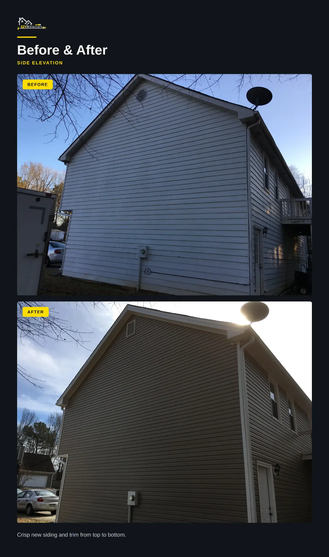 Side gable wall before and after vinyl siding replacement with contrasting trim in Loganville GA