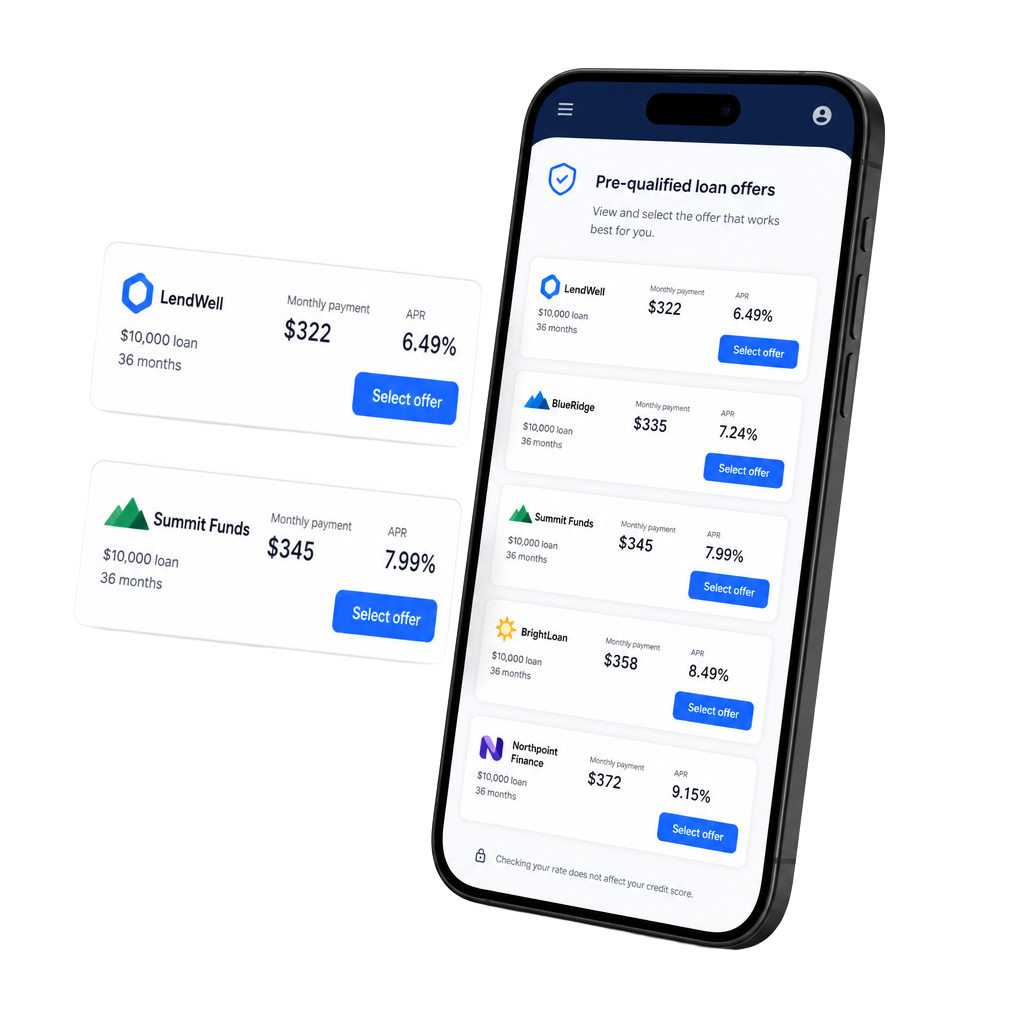 Pre-qualified loan offers from multiple lenders shown on a phone