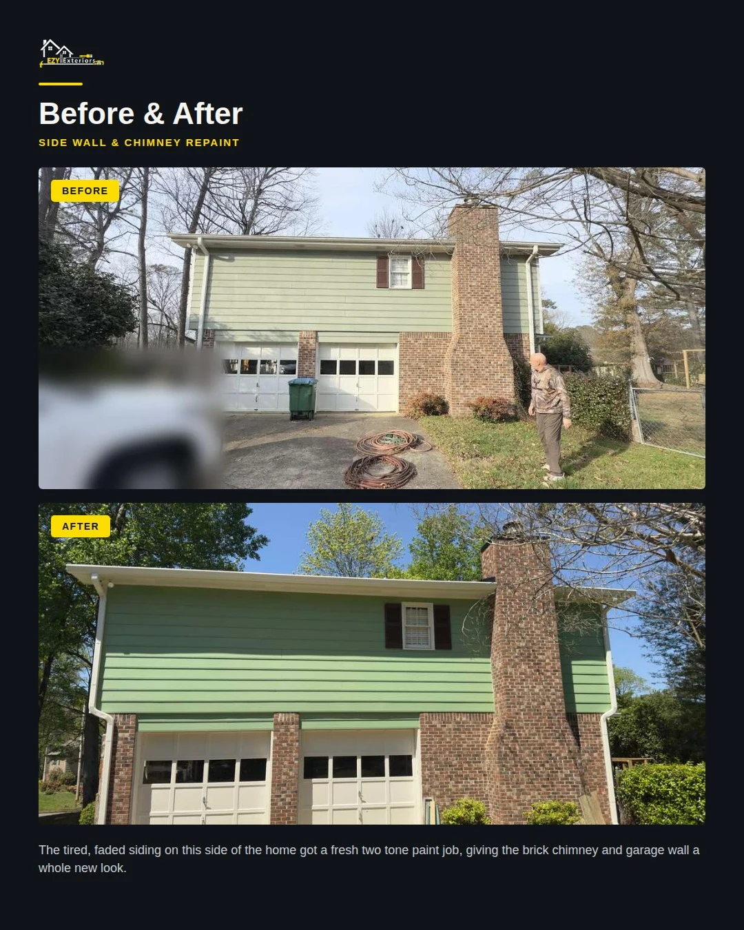 Two-Tone Green Exterior Repaint and Roof Repair on a Split-Level Home project photo