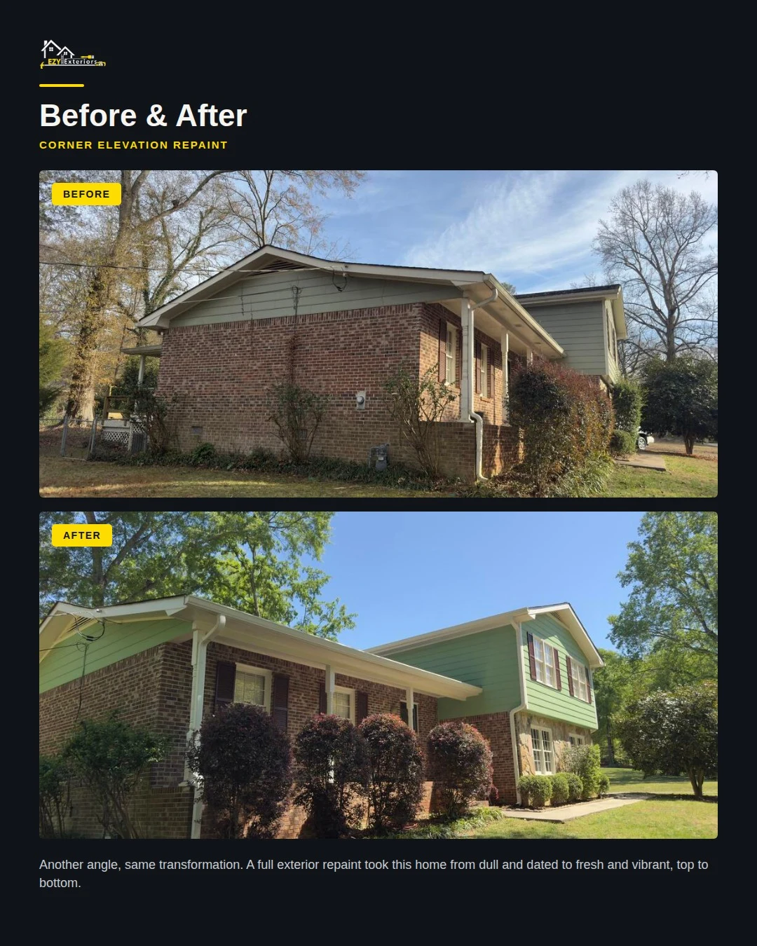 Two-Tone Green Exterior Repaint and Roof Repair on a Split-Level Home project photo