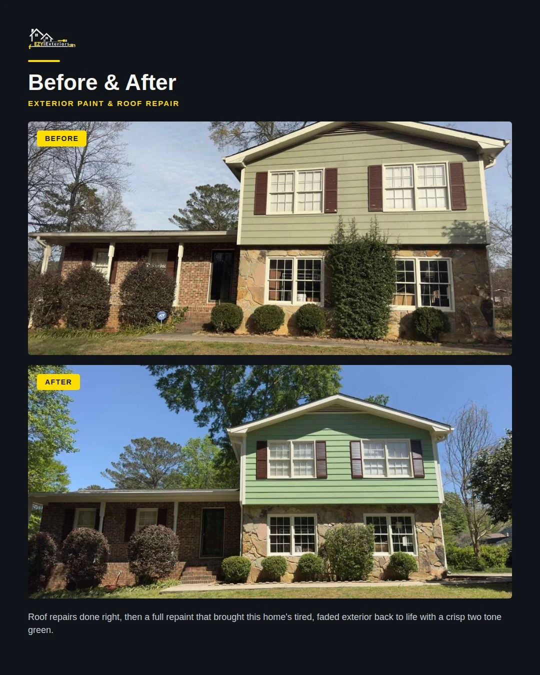 Two-Tone Green Exterior Repaint and Roof Repair on a Split-Level Home project photo
