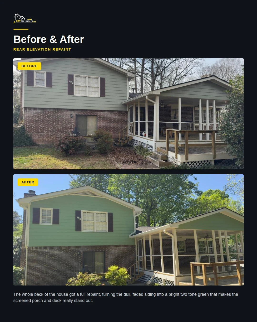 Two-Tone Green Exterior Repaint and Roof Repair on a Split-Level Home project photo